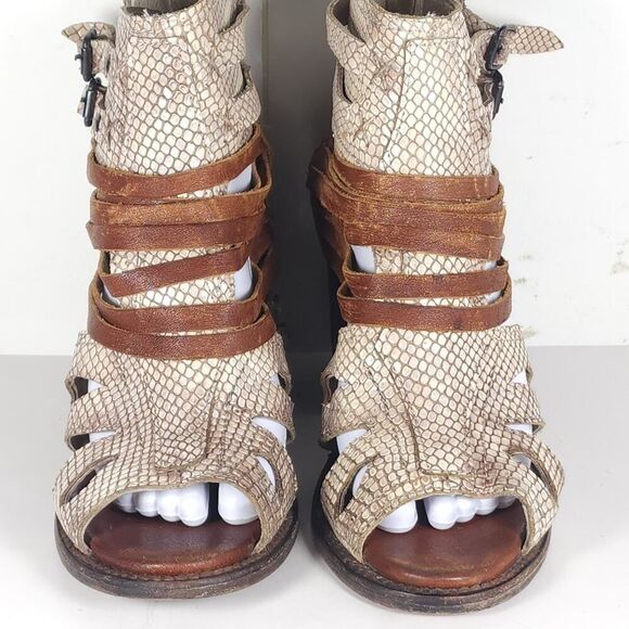FREEBIRD BY STEVEN Women's Nest US8 Brown Leather Snakeskin Zip Strappy Sandals - Picture 4 of 16